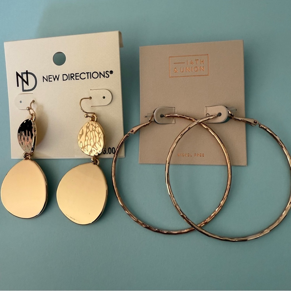 14th & Union- Gold Tone- Earring Set- Lot-Hoops-Dangle-Hammered